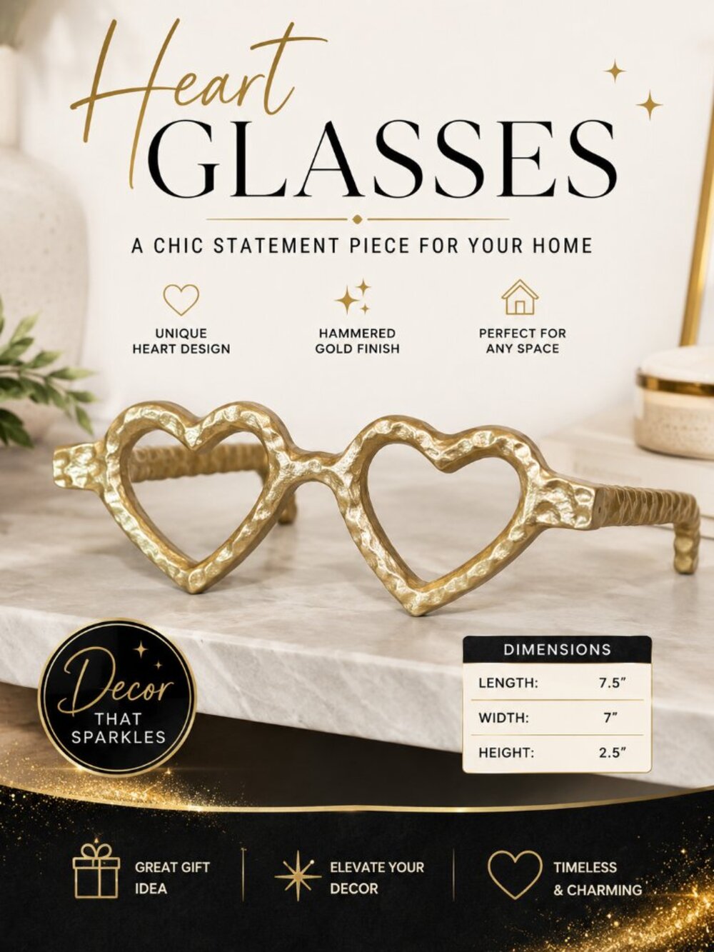 Gold Heart Decorative Glasses Sculpture | Modern Tabletop Decor